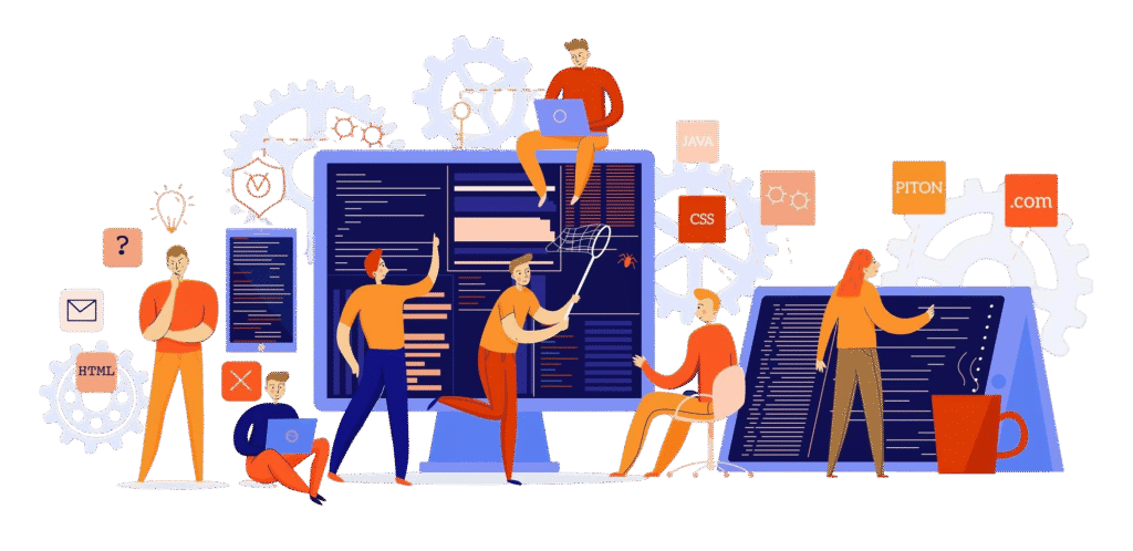 professional programmers configuring software colorful flat illustration